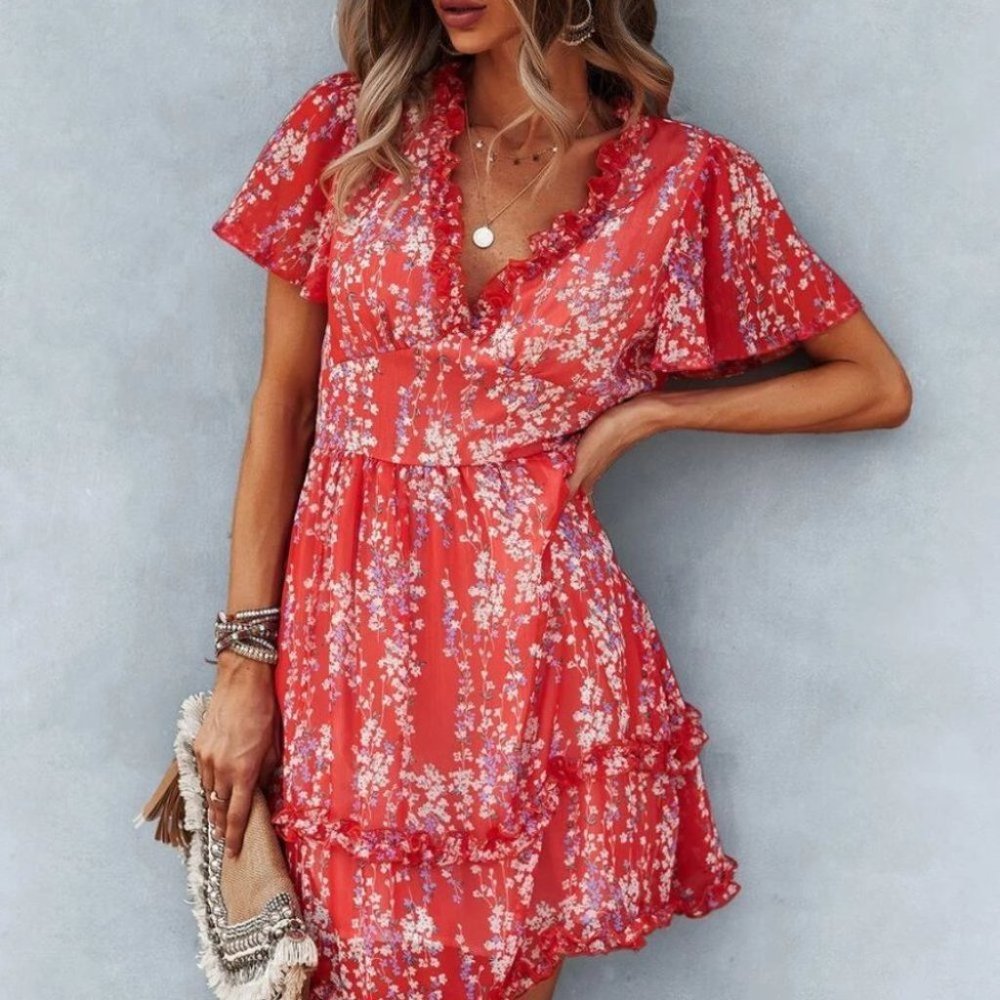 Red Cottagecore Boho Floral Print Frill Trim Dress - Picture 3 of 6